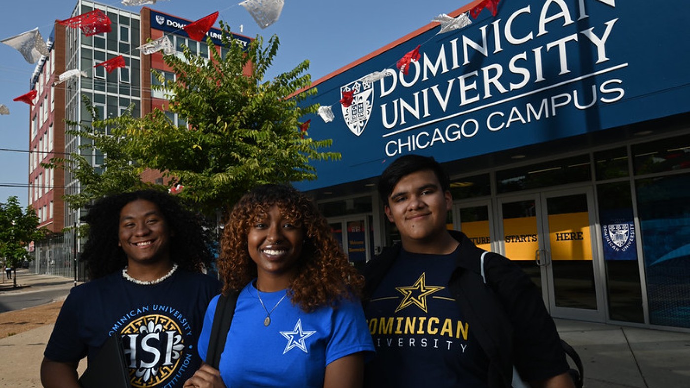 Chicago Campus students outside the academic building
