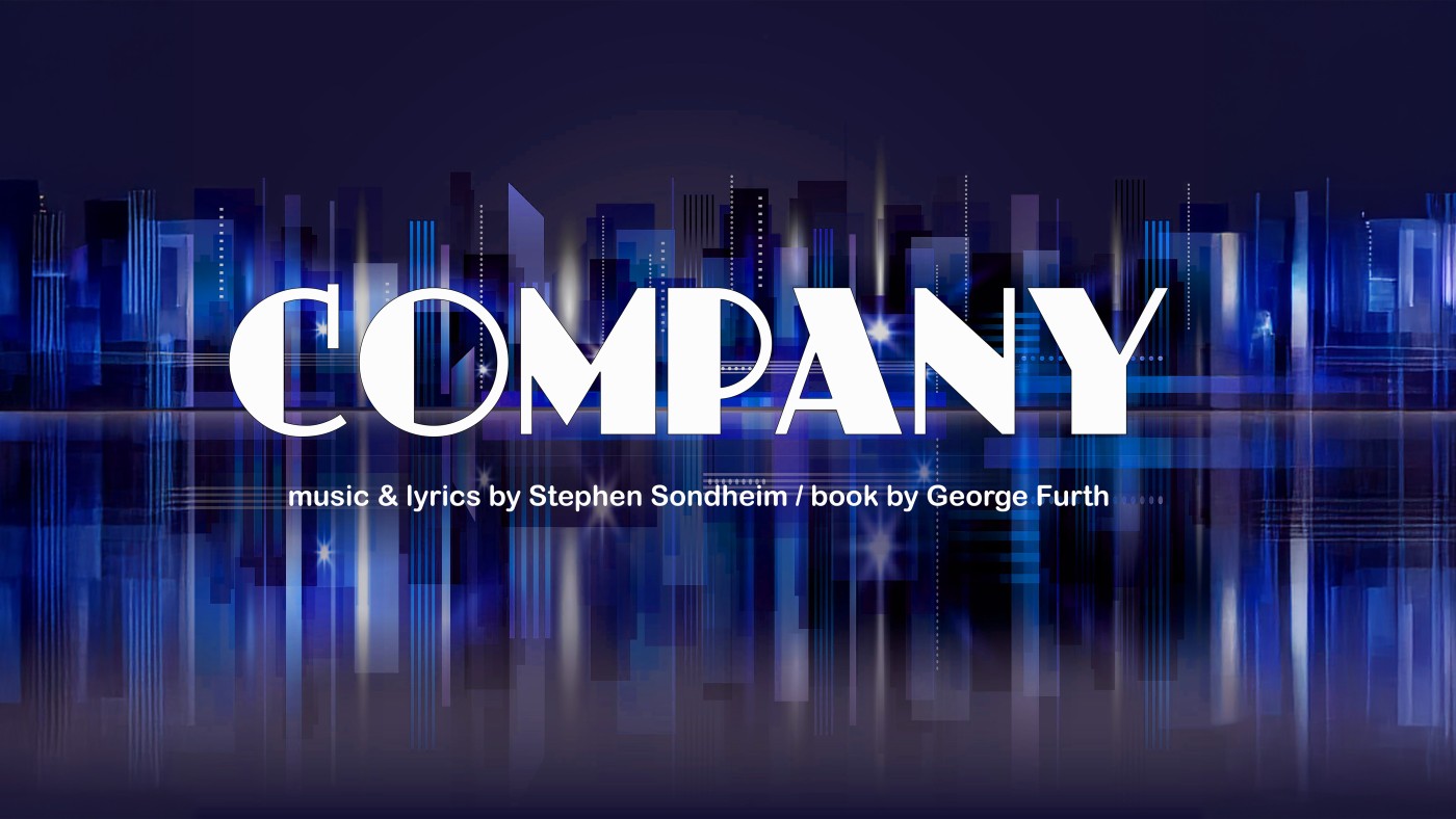 Poster for the play "Company" by Stephen Sondheim and George Furth.  Modern lettering with a backdrop of a somewhat abstract cityscape viewed across the water, nighttime, city reflected.