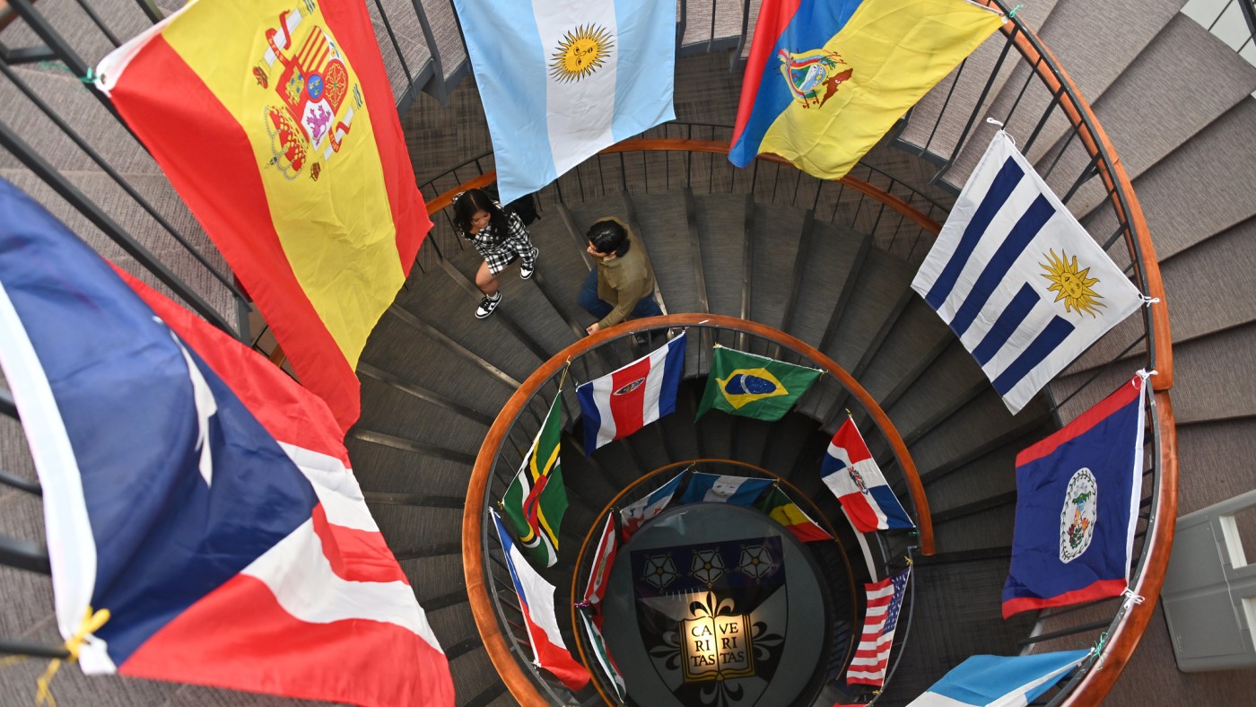 Library stairwell with flags