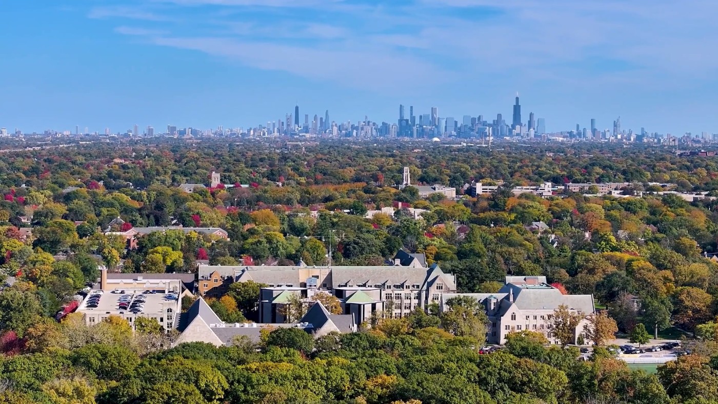 Aerial view of campus and Chicago