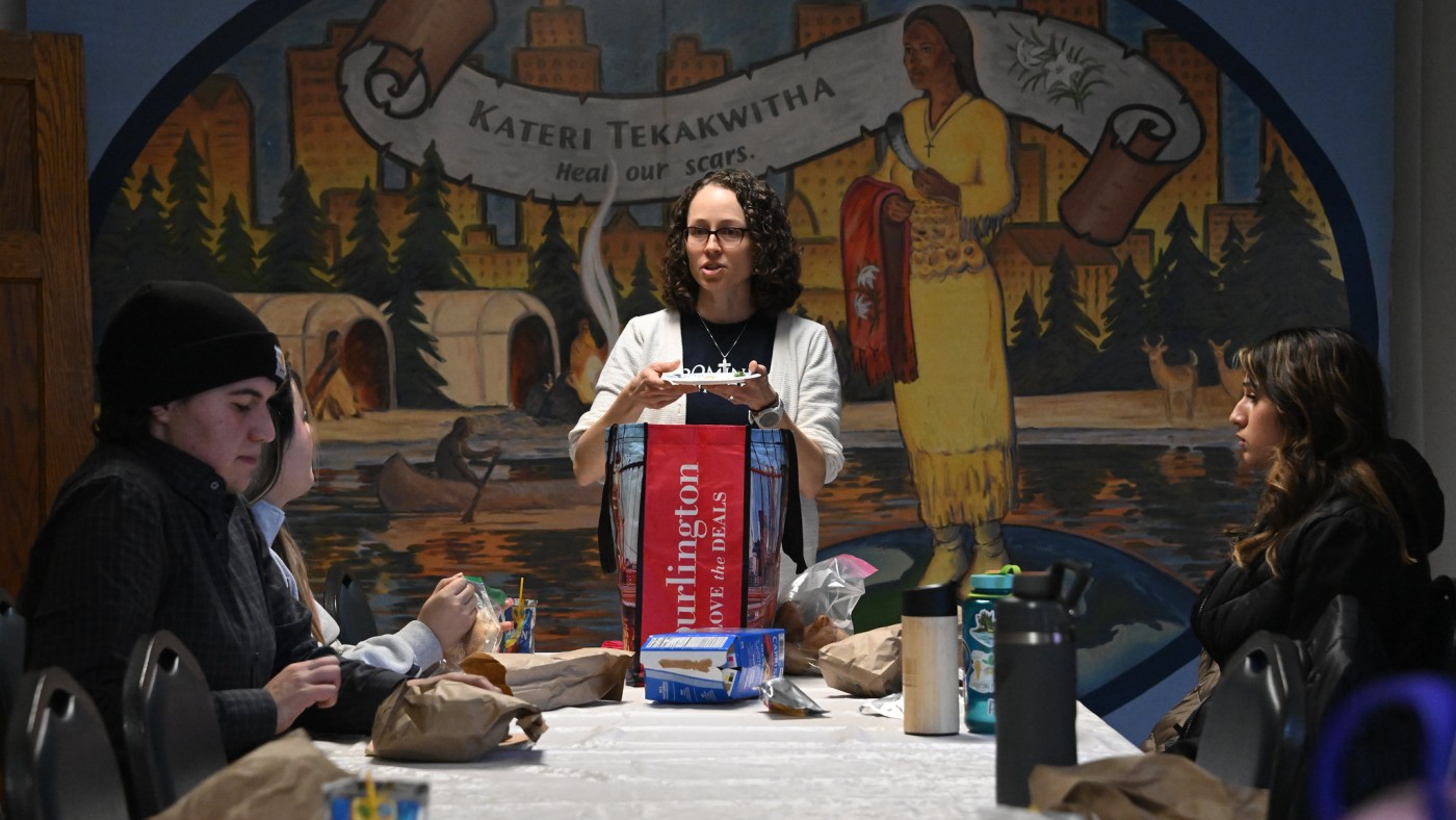 Sr. Christin Tomy, OP, speaking with students