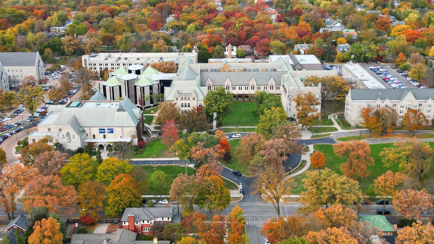 Aerial of campus in the fall