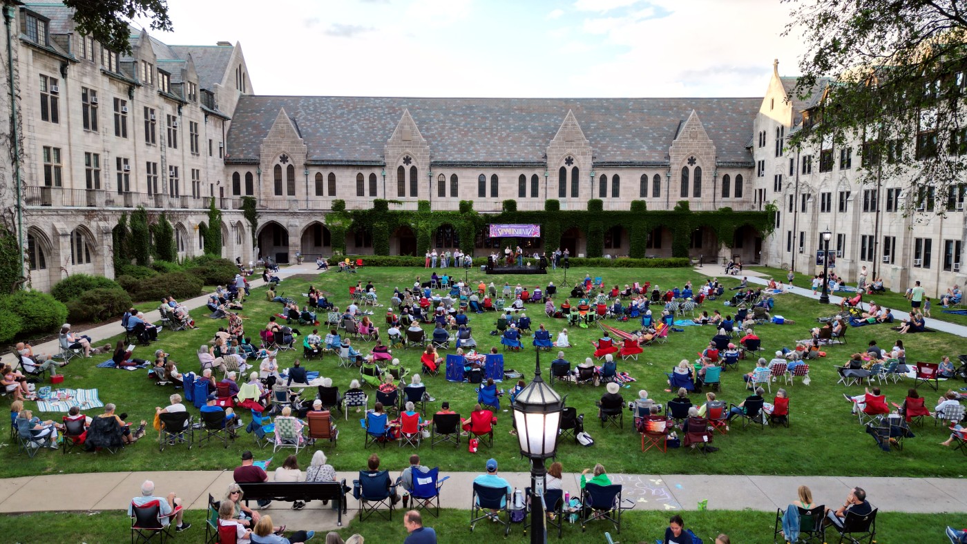 People gather on the Quad for Summer Sounds, a series of weekly free concerts featuring local bands.