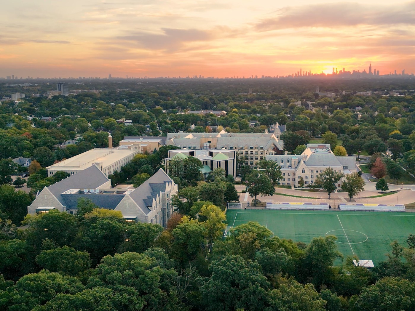 Aerial view of campus at sunset