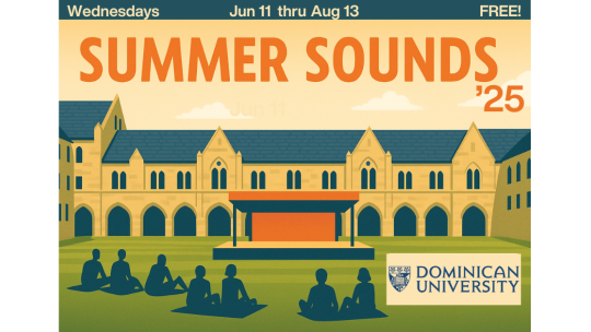 A poster for summer sounds 25, featuring silhouettes of audience members gathered on a lawn in front of an old stone college buiding with archways.